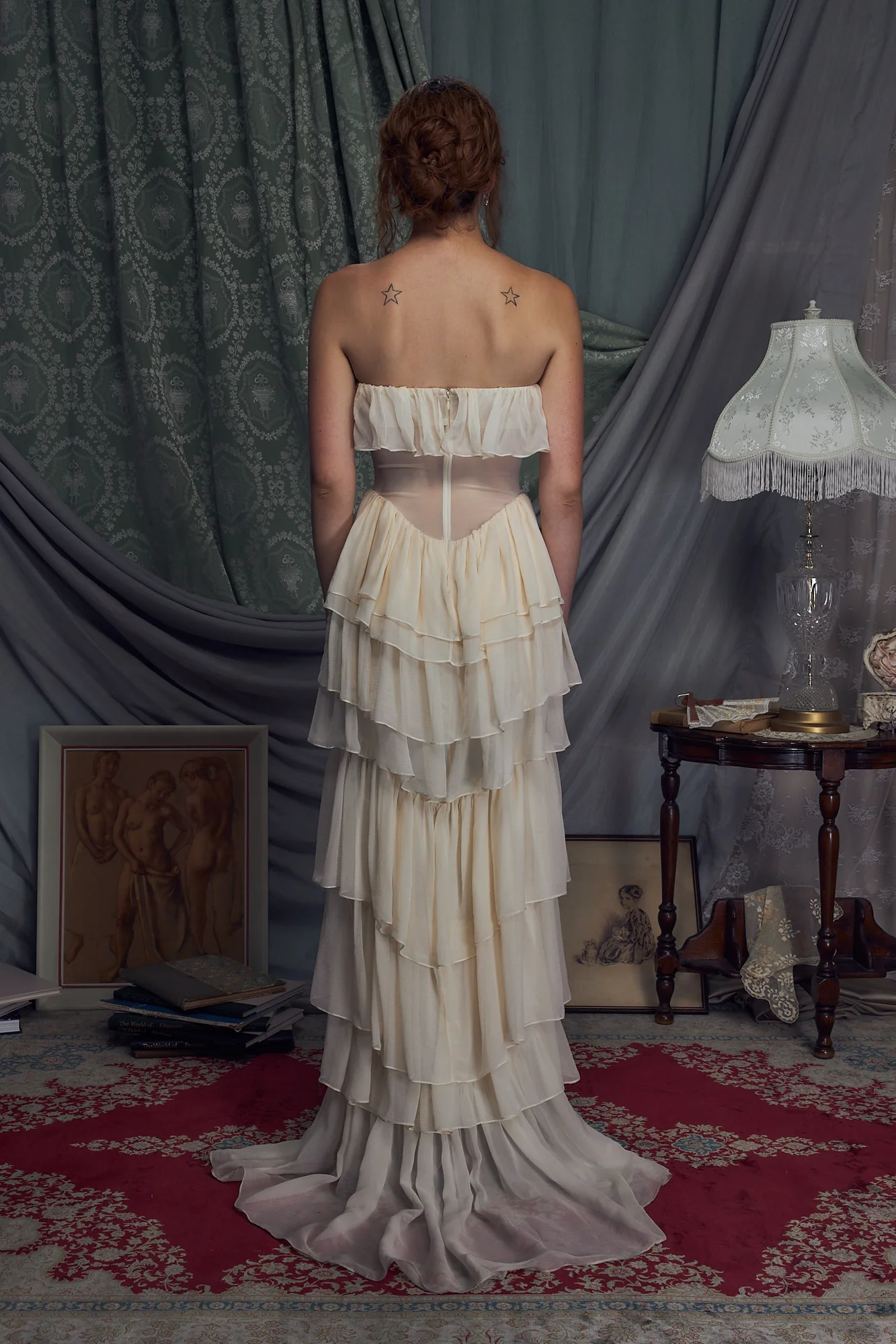 Strapless Corset Ruffle Maxi Dress Ivory HV1230