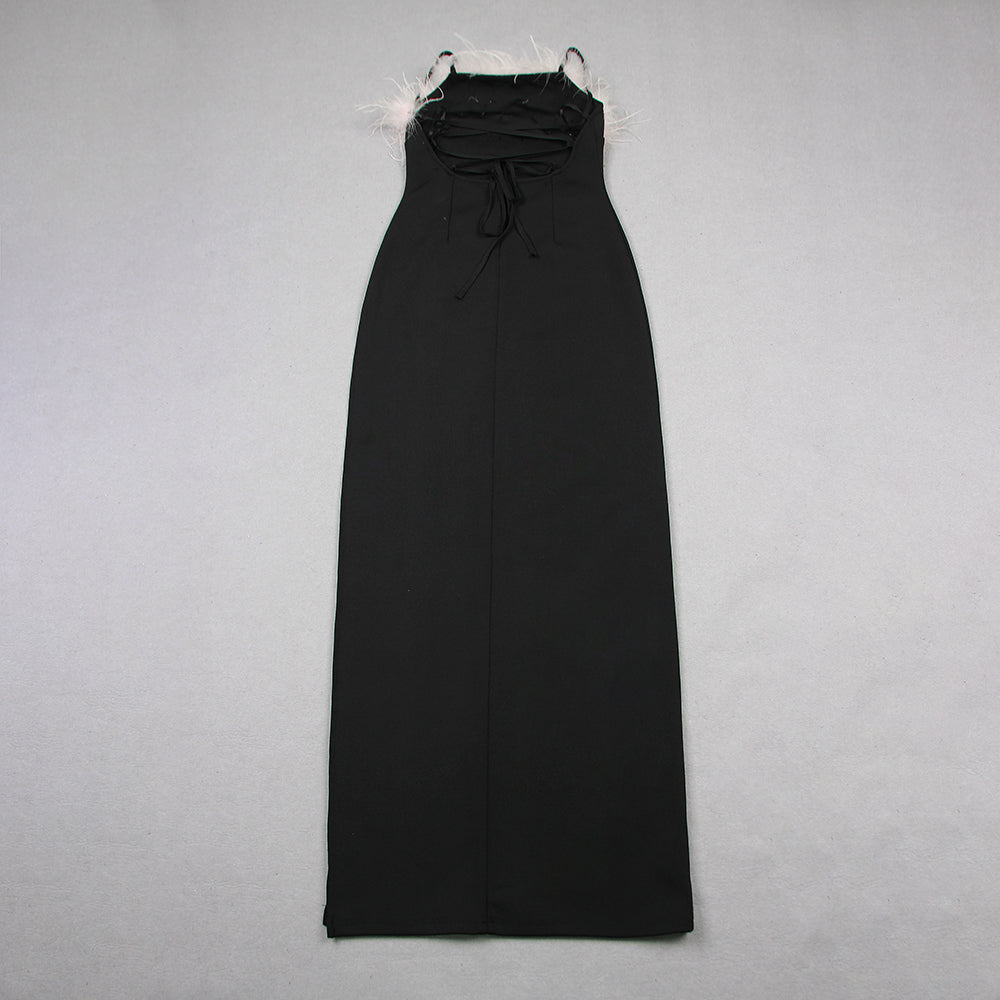 Feather Detail Strappy Back Maxi Dress Black HV1186