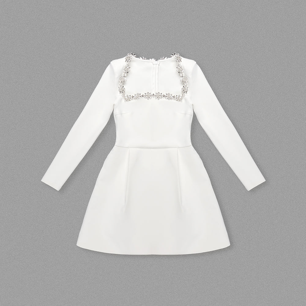 Long Sleeve Crystal A Line Dress White HV1295