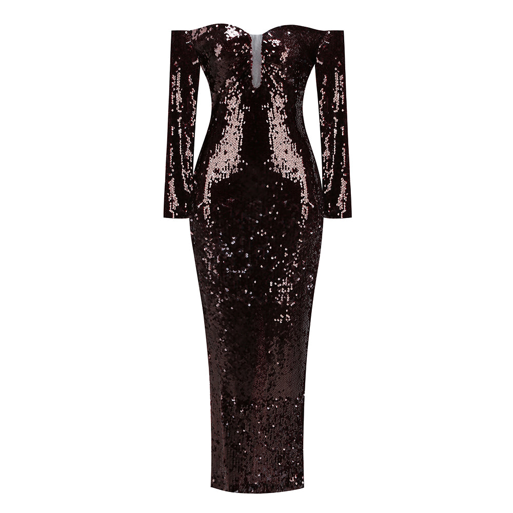 Long Sleeve Bardot Sequin Maxi Dress Brown HV1929