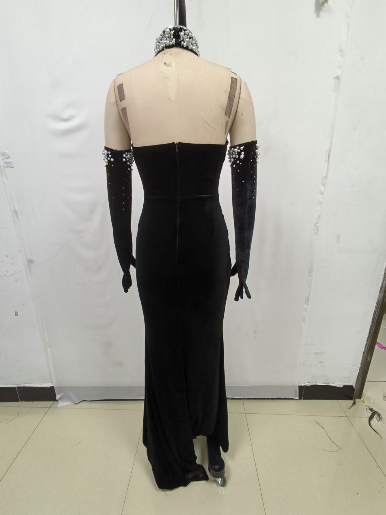 Strapless Sequin Bustier Maxi Velvet Dress Black HV1979