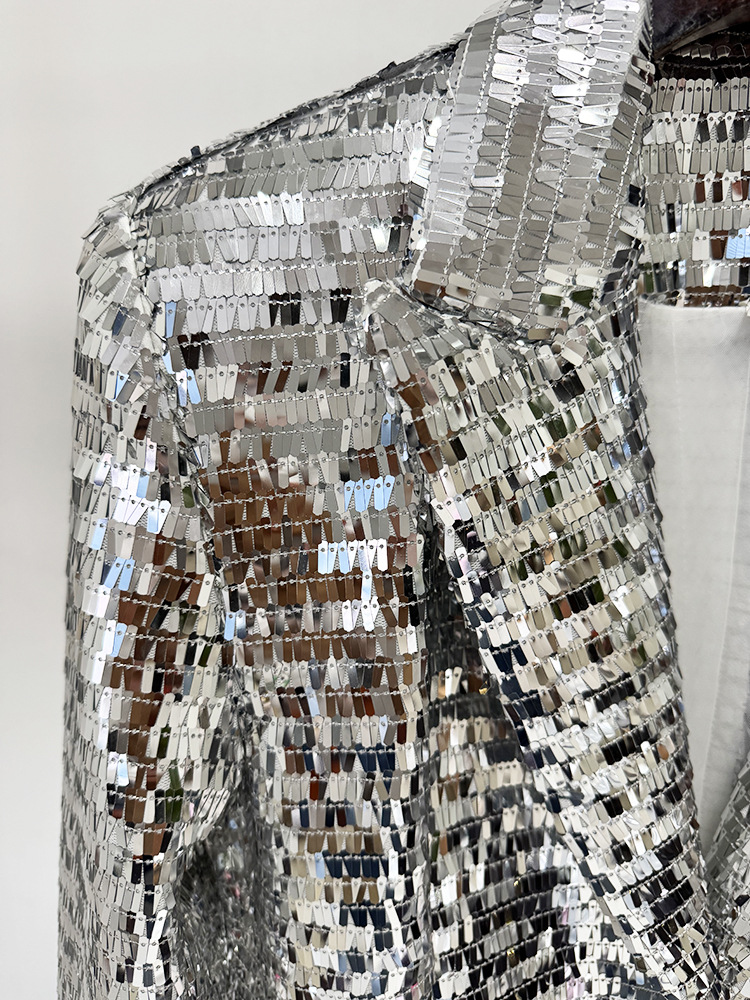 Long Sleeve Mirrored Sequin Suit Silver