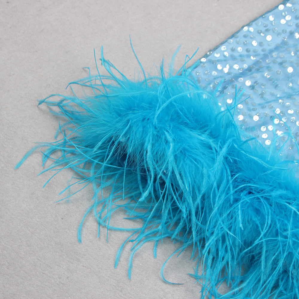 Halter Sequin Feather Hem Dress Blue HV9881