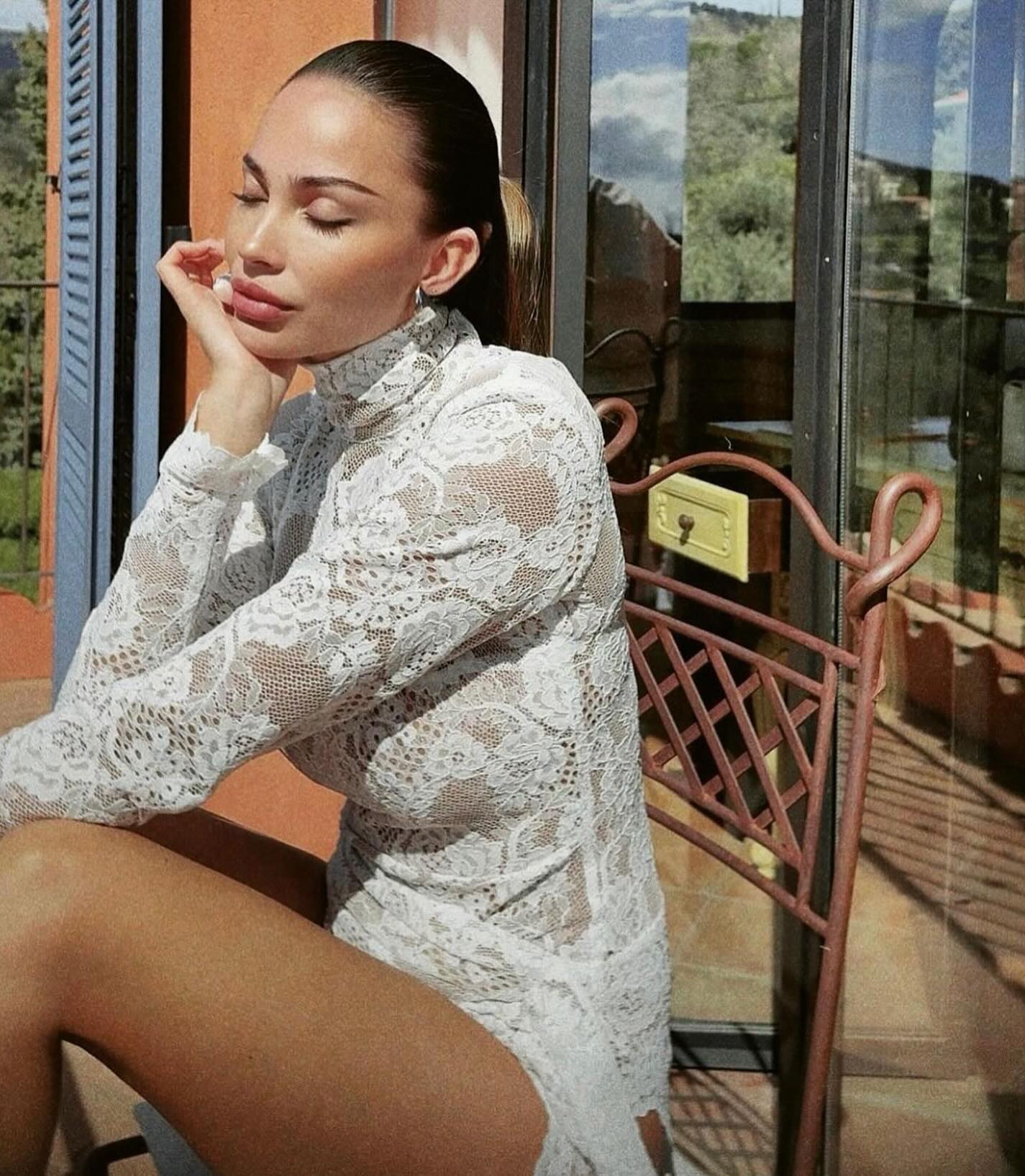 Long Sleeve Draped Lace Bodysuit White HV1546