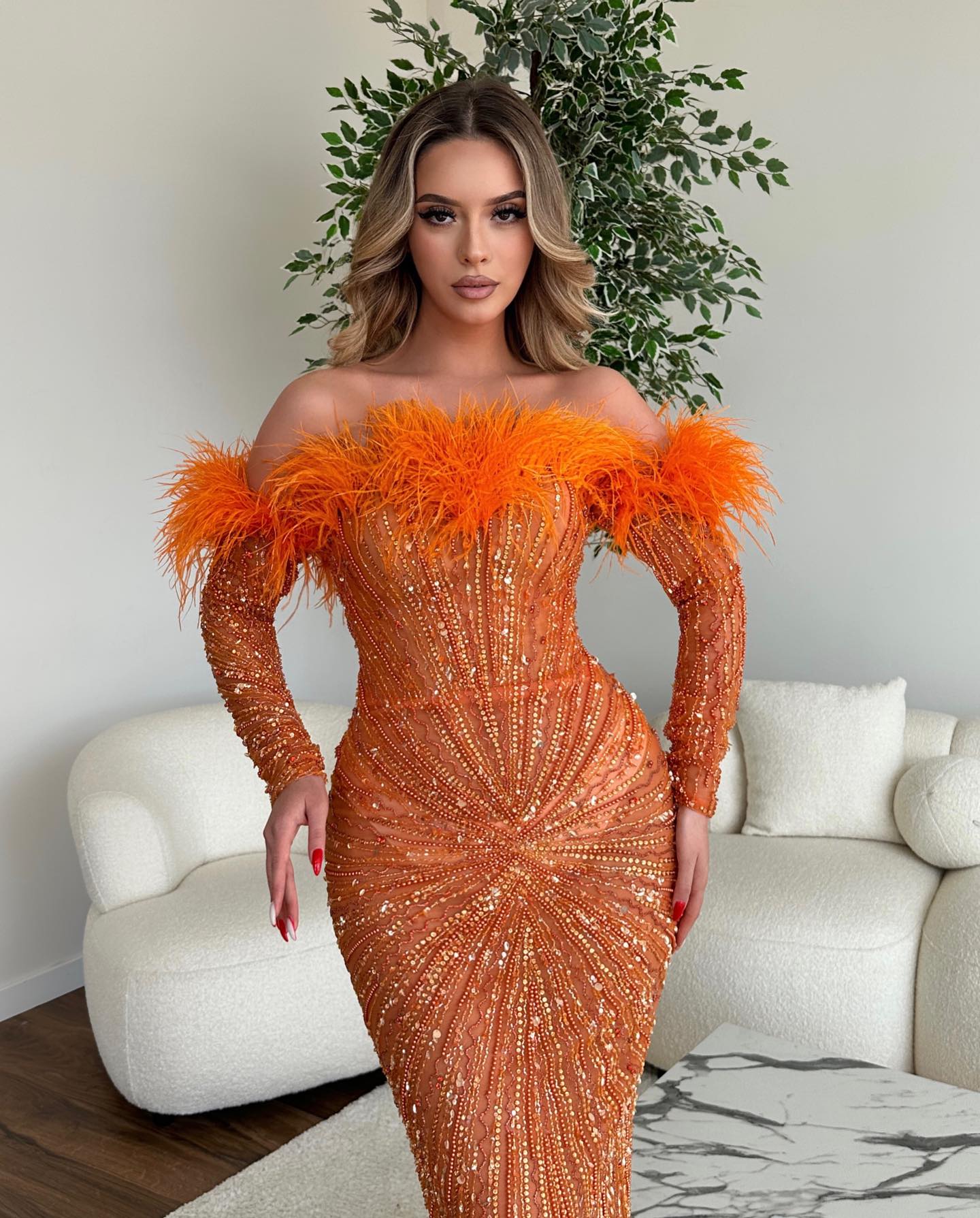 Long Sleeve Feather Bardot Sequin Maxi Dress HV1757