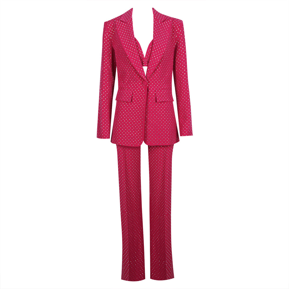 Sparkly Long Sleeve Three Piece Suit Hot Pink HV9601