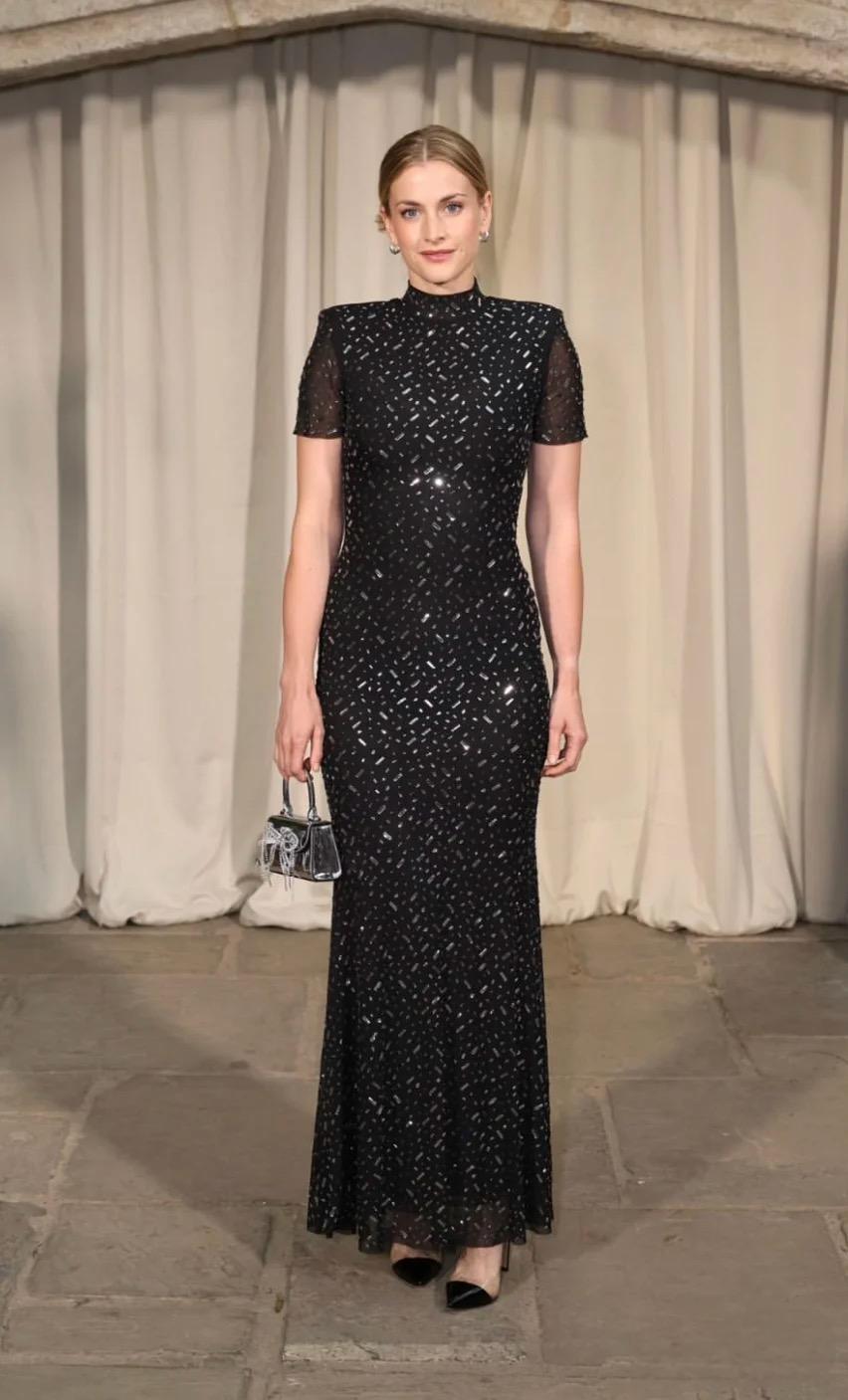 Short Sleeve Crystal Mesh Maxi Dress Black HV2209