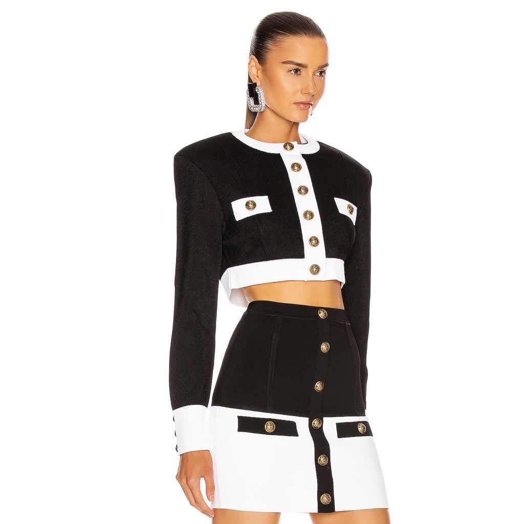 Long Sleeve Button Two Piece Dress Black White HV6907