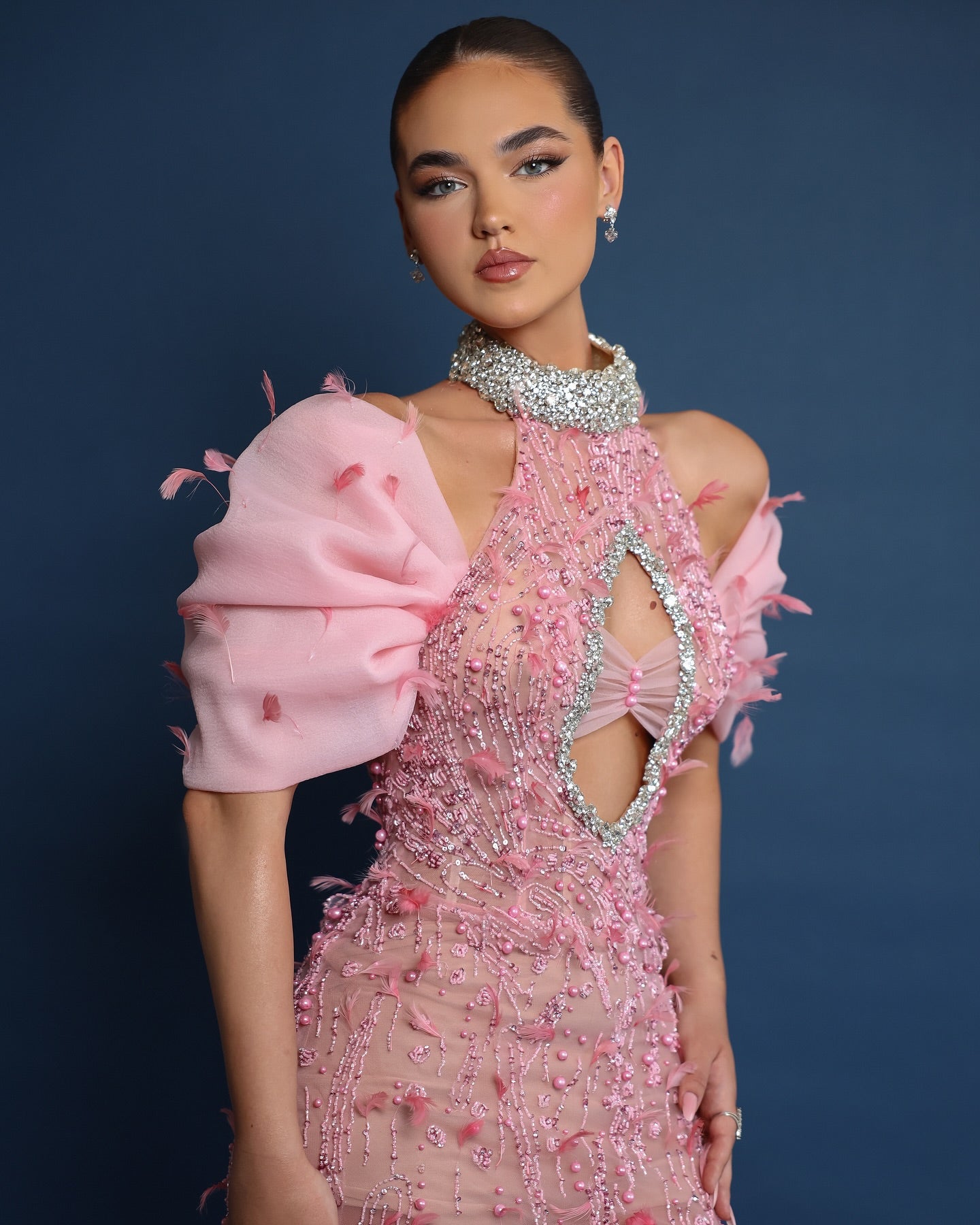 Halter Crystal Sequin Feather Maxi Dress Pink HV1961