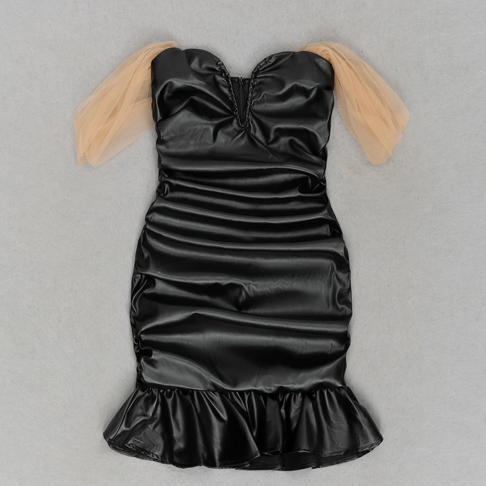 Off Shoulder Ruched Faux Leather Dress Black HV9694