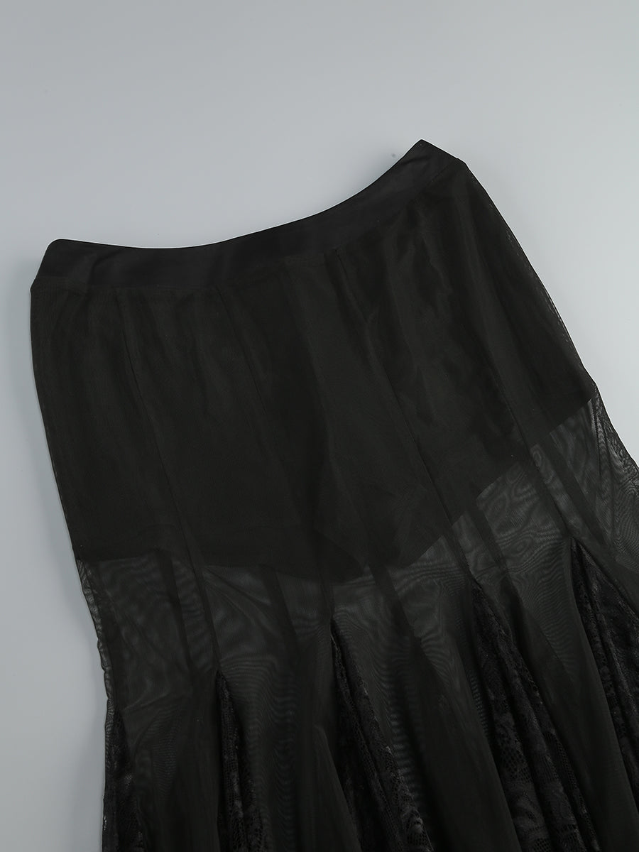 Strapless Lace Corset A Line Two Piece Maxi Dress Black