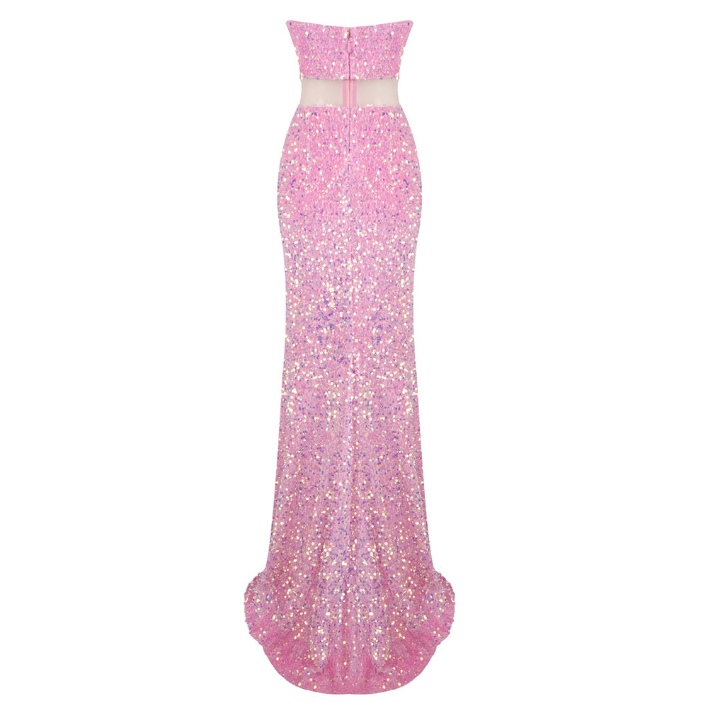 Strapless Crystal Sequin Maxi Dress Pink HV1914