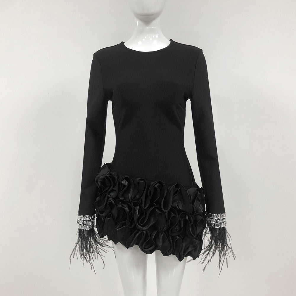 Crystal Feather Long Sleeve Ruffle Dress