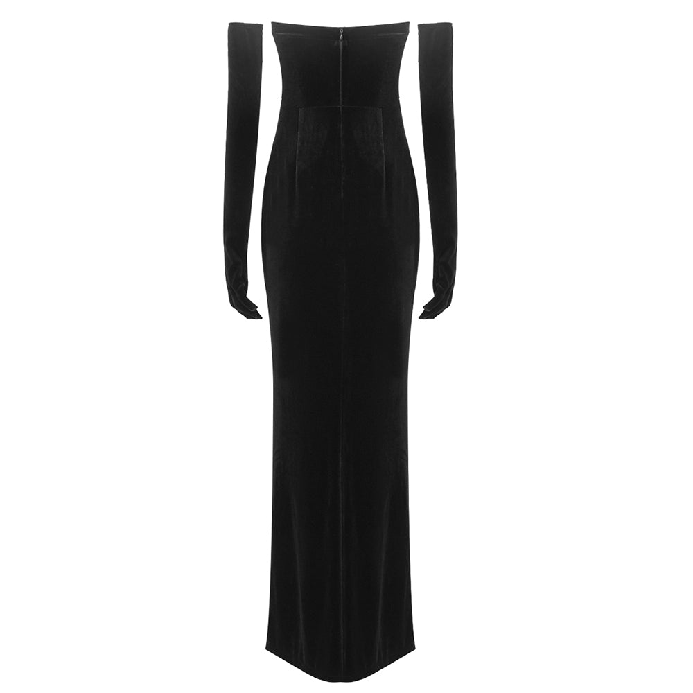 Strapless Embellished Maxi Velvet Dress Black HV1204