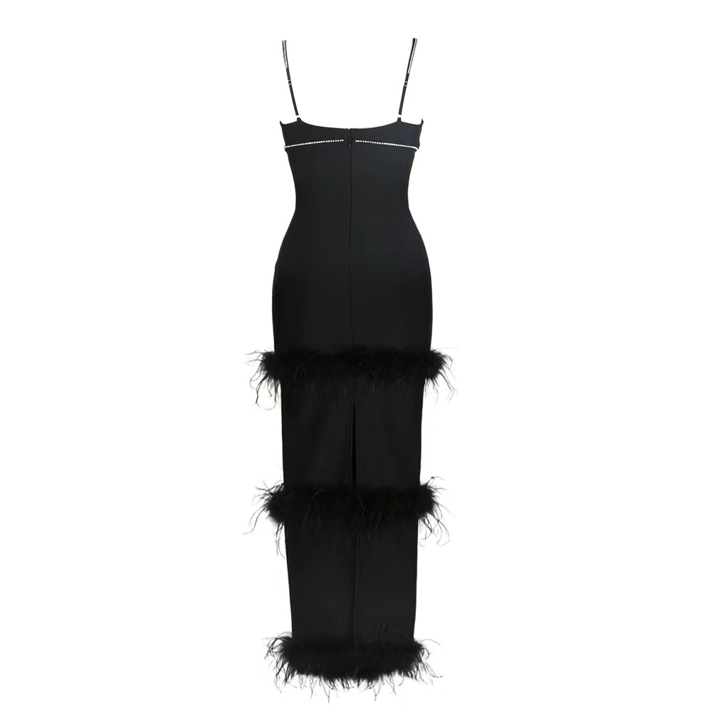 Crystal Trim Feather Detail Maxi Dress Black