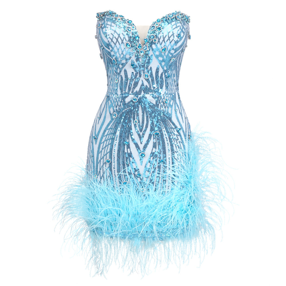Strapless Sequin Crystal Feather Dress Blue HV1741