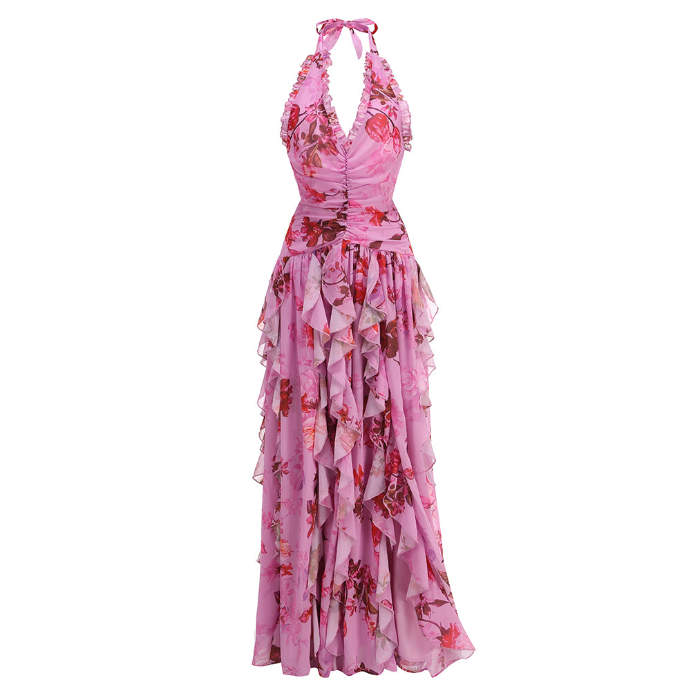 Halter Floral Ruffle Maxi Dress Pink HV2137