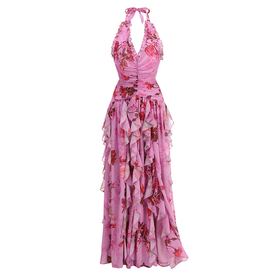 Halter Floral Ruffle Maxi Dress Pink HV2137