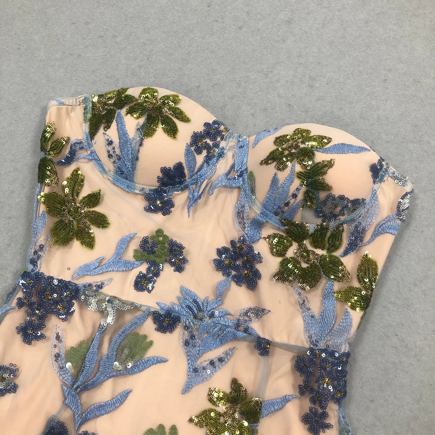 Strapless Sequin Embroidered Floral Maxi Dress Blue HV2099