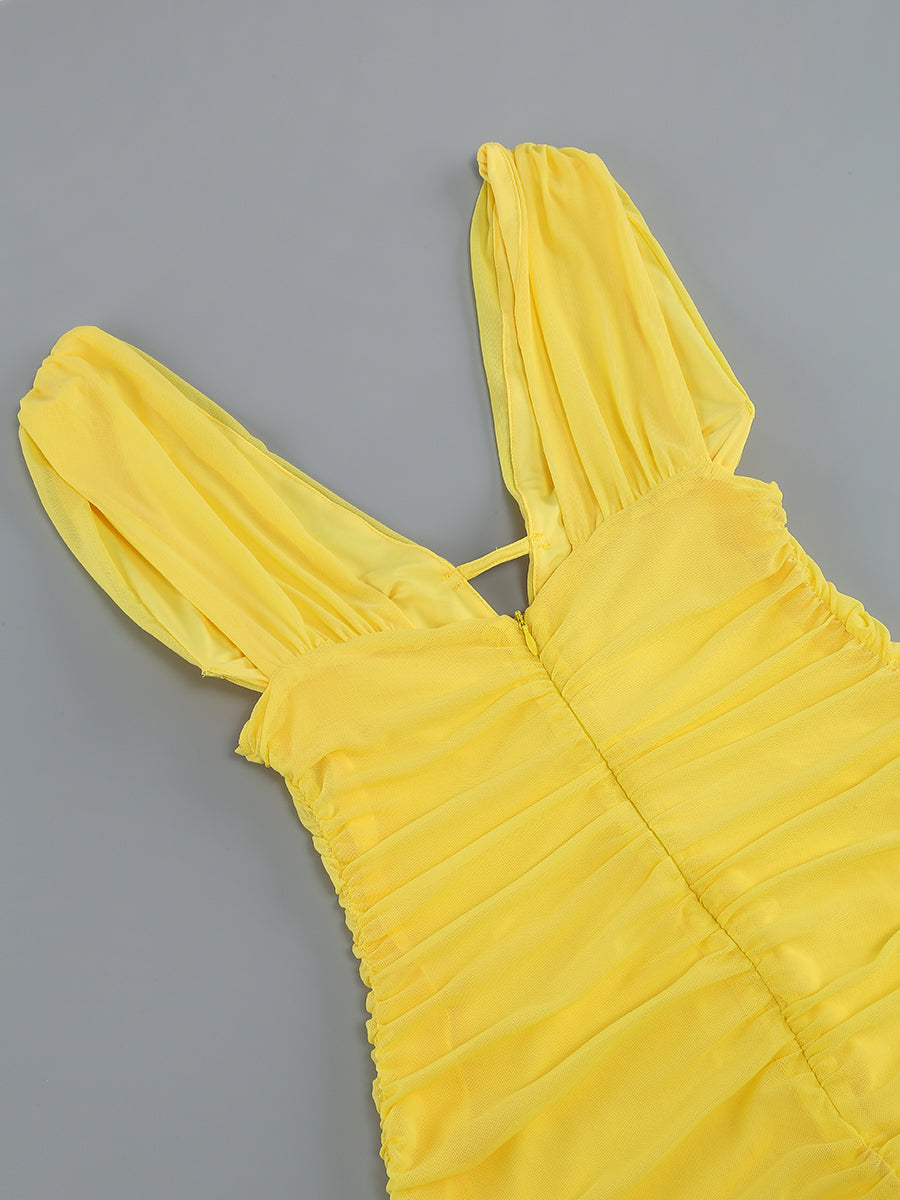 Plunge V Neck Ruched Maxi Dress Yellow HV9828