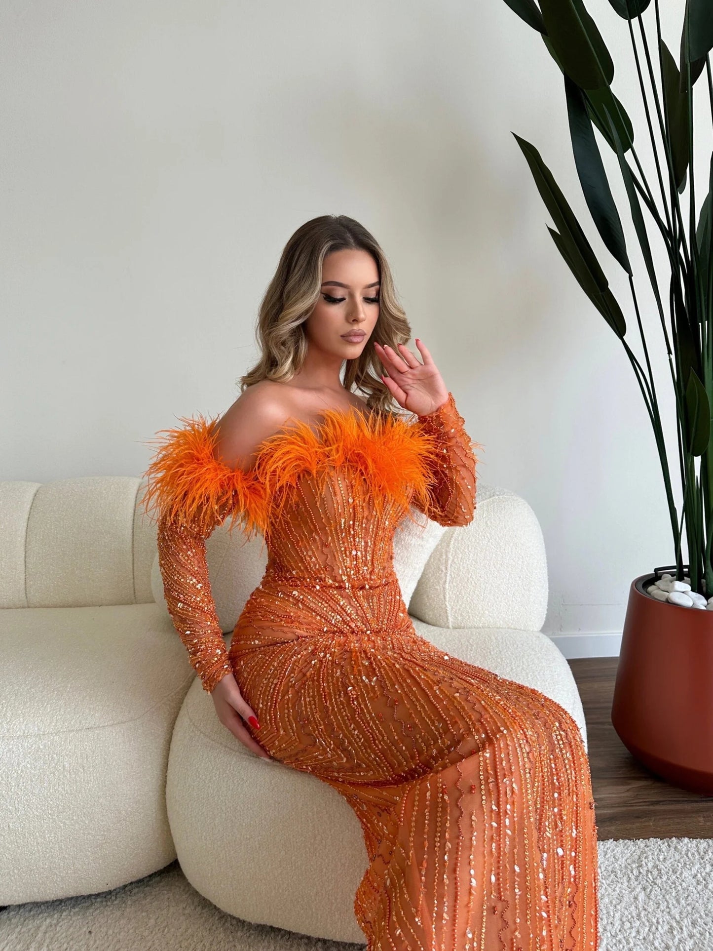 Long Sleeve Feather Bardot Sequin Maxi Dress HV1757