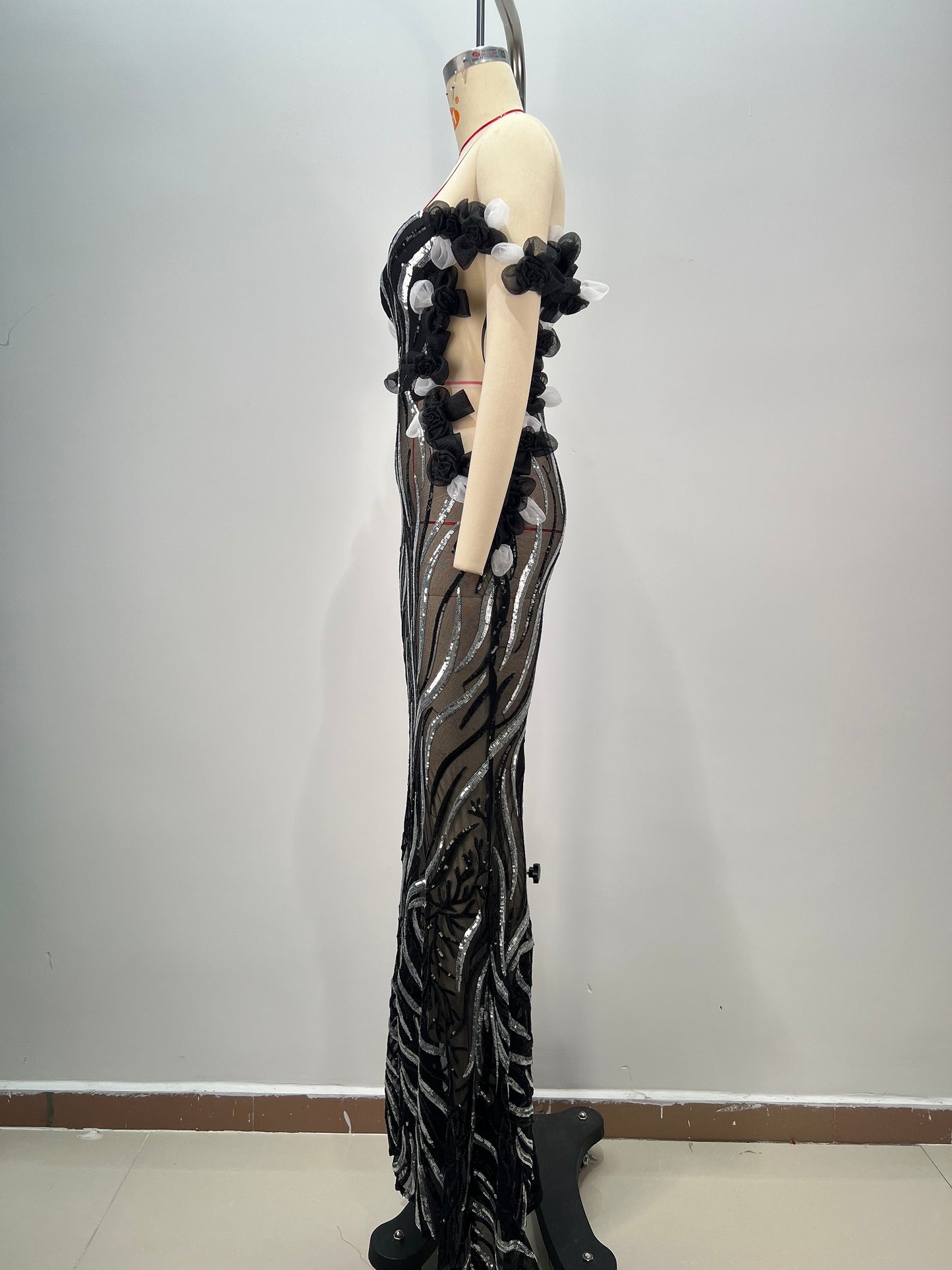 Bardot Petal Sequin Maxi Dress Black Silver HV1743