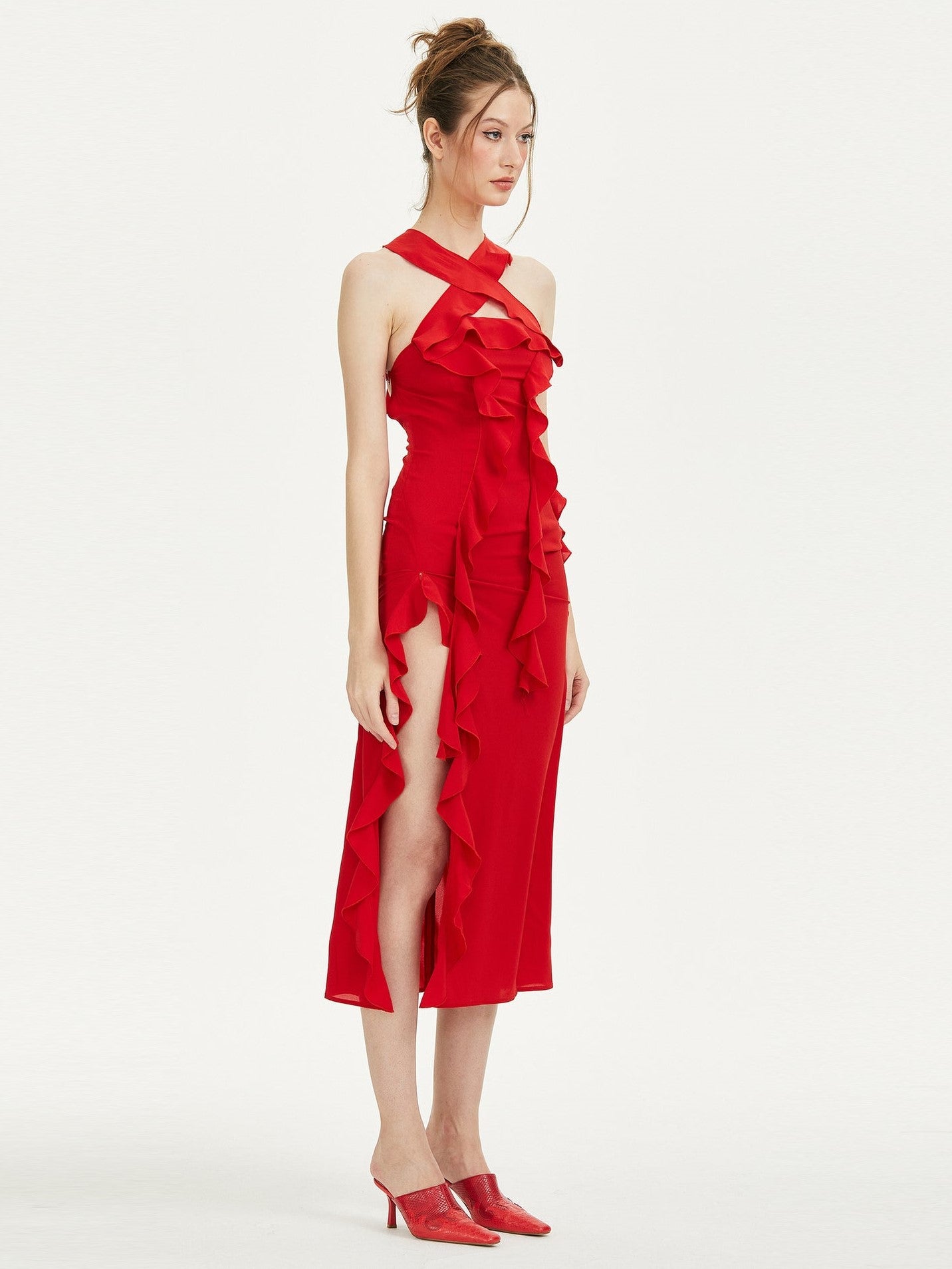 Halter Ruffle Midi Dress Red HV9889