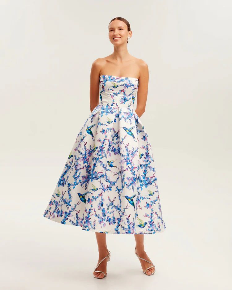 Strapless Floral Corset A Line Midi Dress