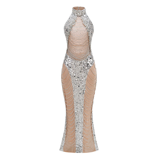 Halter Sequin Crystal Backless Maxi Dress Silver HV2056