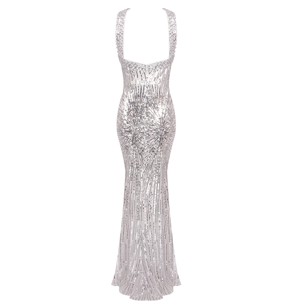 Halter Sequin Maxi Dress Silver HV1299