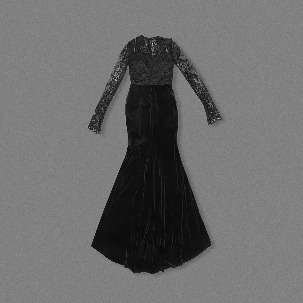 Long Sleeve Halter Sequin Lace Maxi Dress Black HV2231