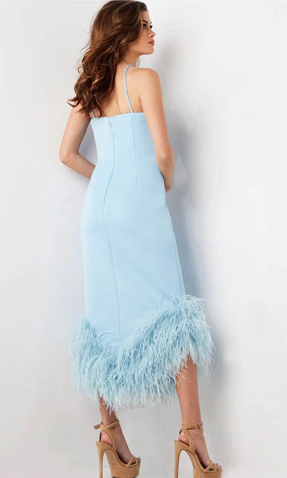 One Shoulder Feather Detail Midi Dress Blue