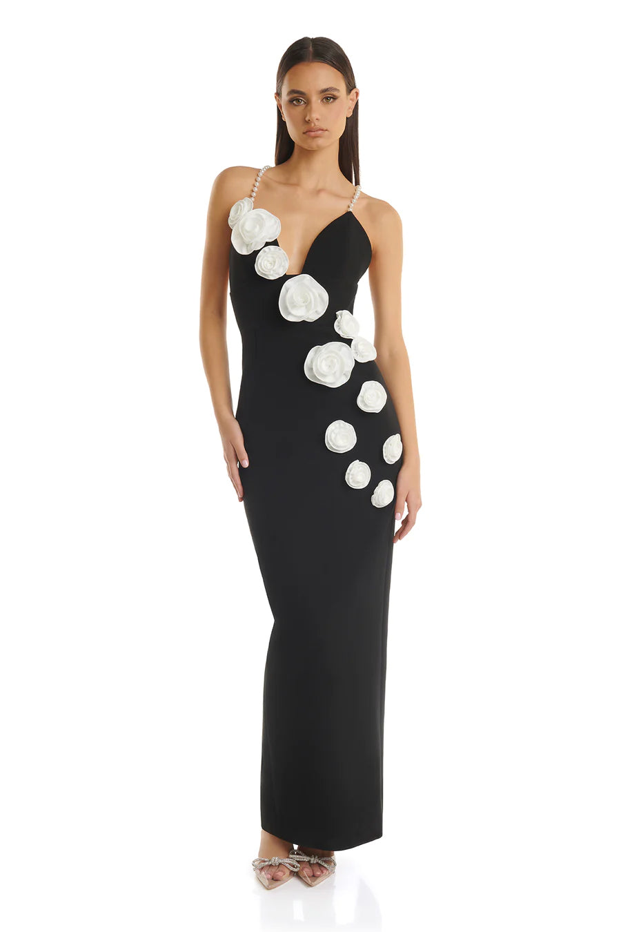 Flower Detail Pearl Straps Maxi Dress HV9874