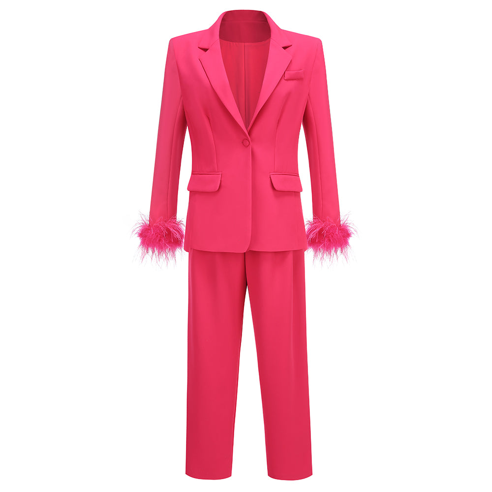 Long Sleeve Feather Detail Suit Hot Pink HV1267