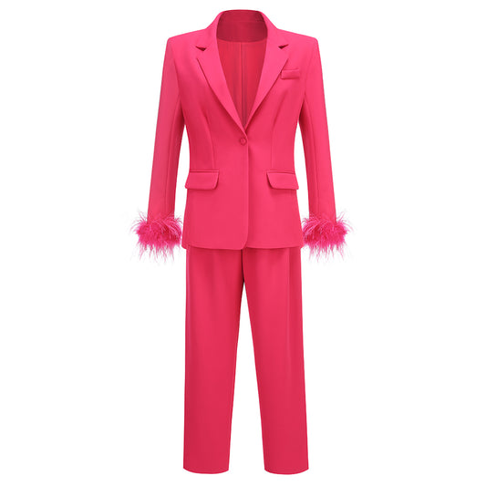 Long Sleeve Feather Detail Suit Hot Pink HV1267
