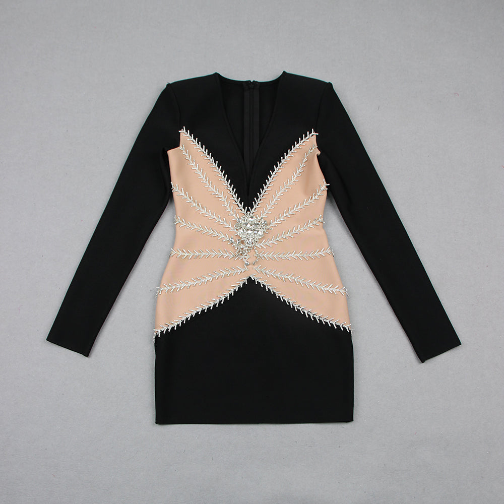 Long Sleeve Crystal Dress Black Nude HV9872
