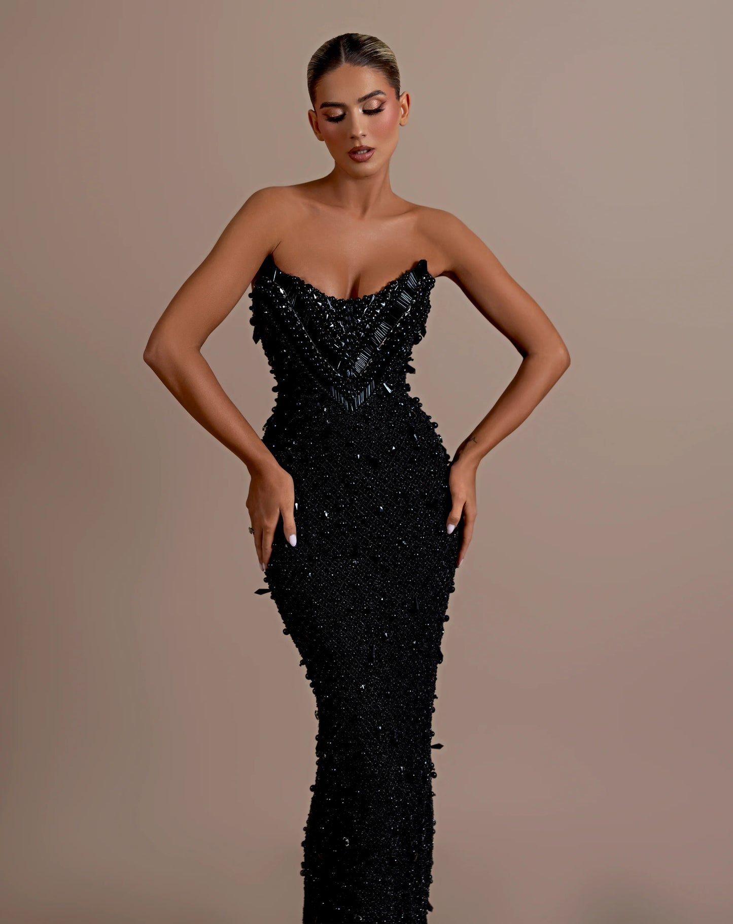 Strapless Sequin Embellished Maxi Dress Black HV2230