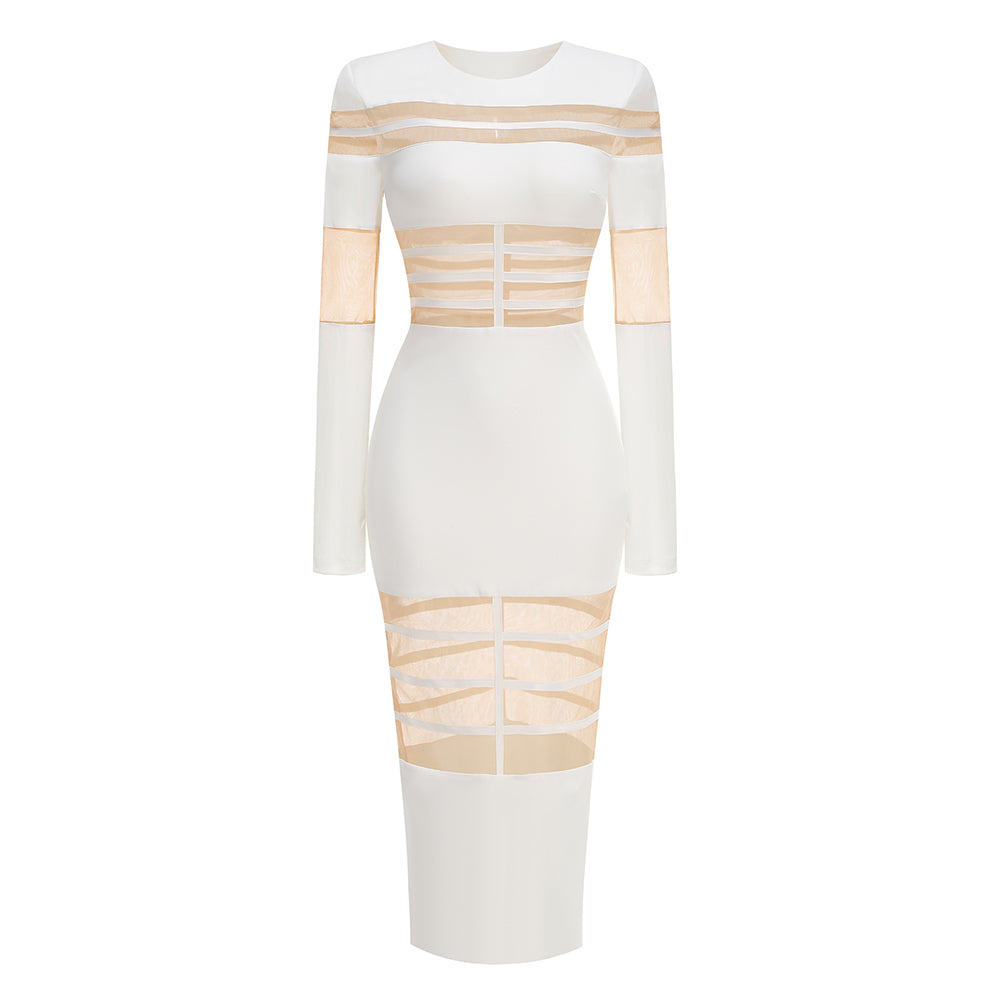 Long Sleeve Mesh Insert Midi Dress HV1502