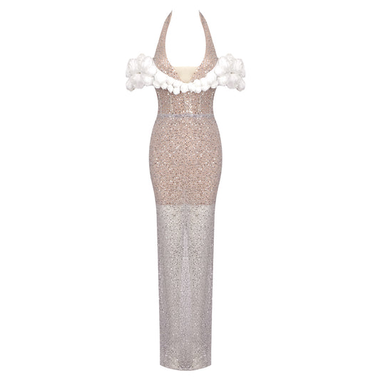 Halter Floral Bardot Sequin Maxi Dress Silver HV1760