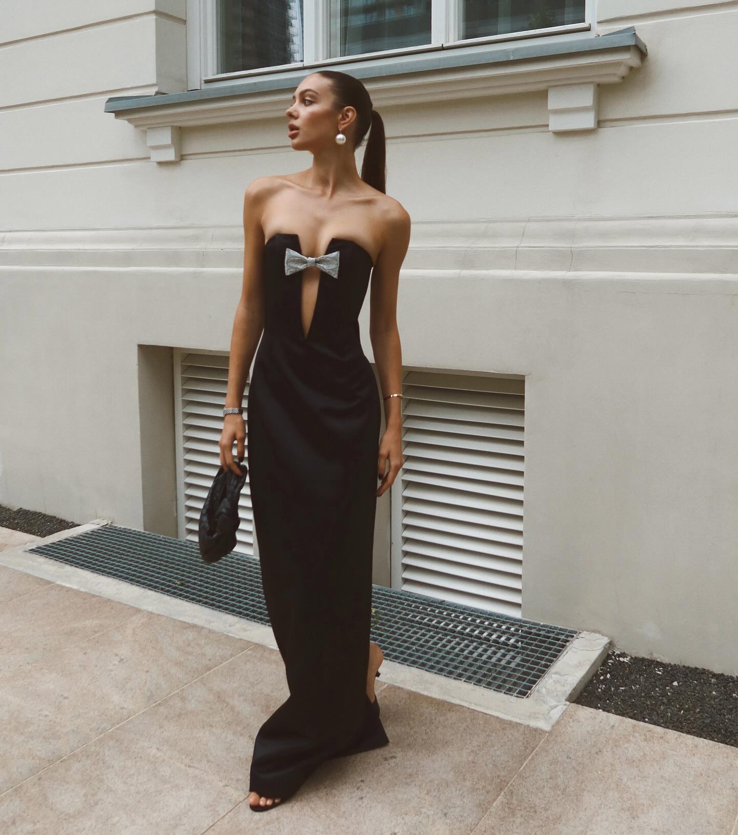 Strapless Crystal Bow Maxi Dress Black HV1775