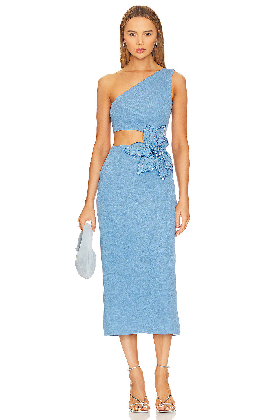 One Shoulder Pearl Flower Midi Dress Blue HV1188