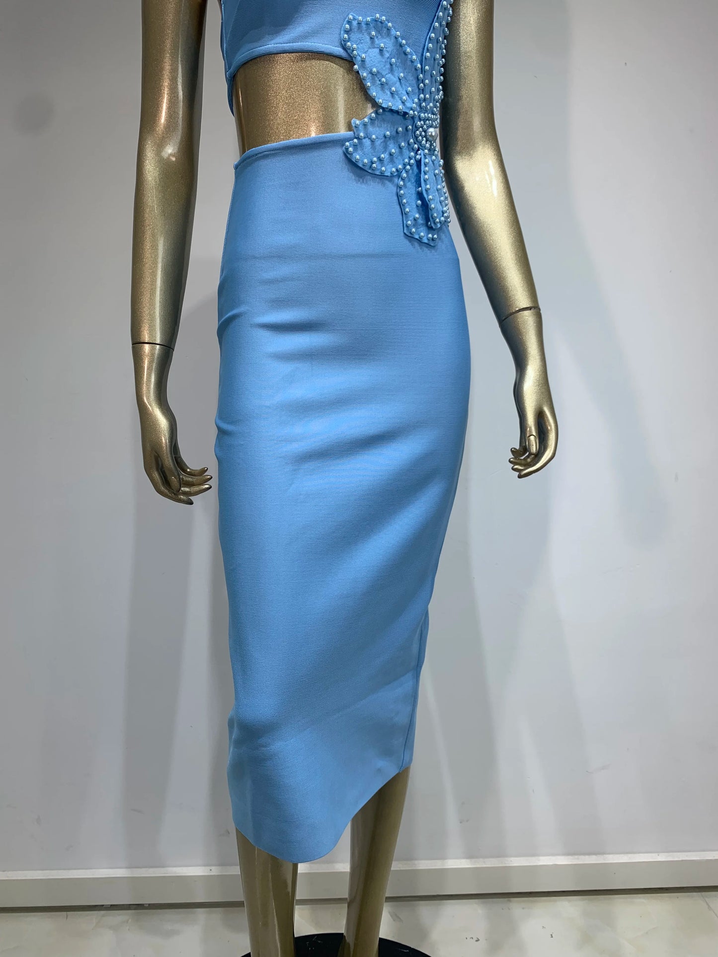 One Shoulder Pearl Flower Midi Dress Blue HV1188