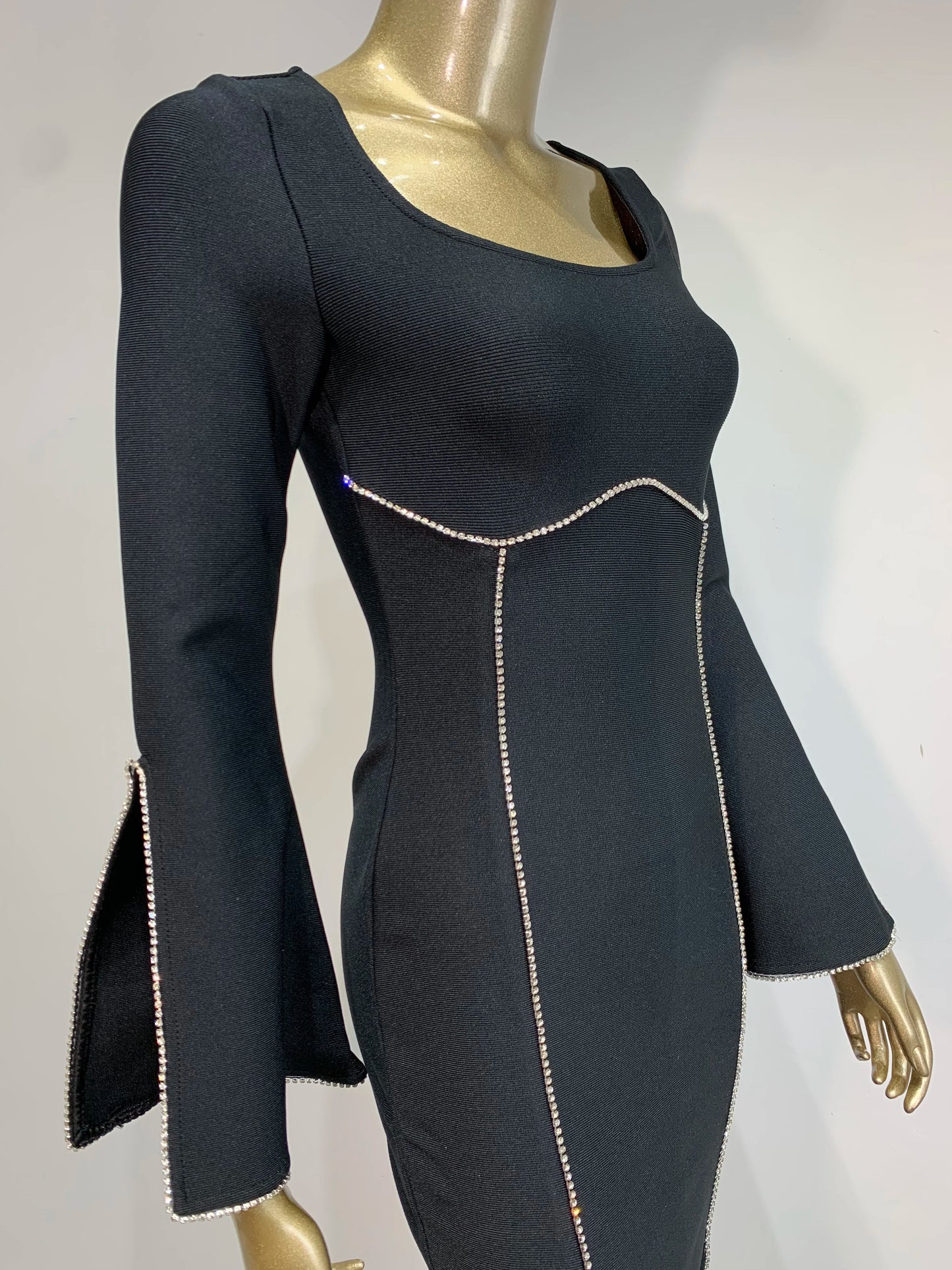 Long Sleeve Crystal Trim Midi Dress Black