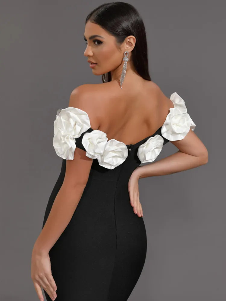 Floral Bardot Maxi Dress Black White HV1469