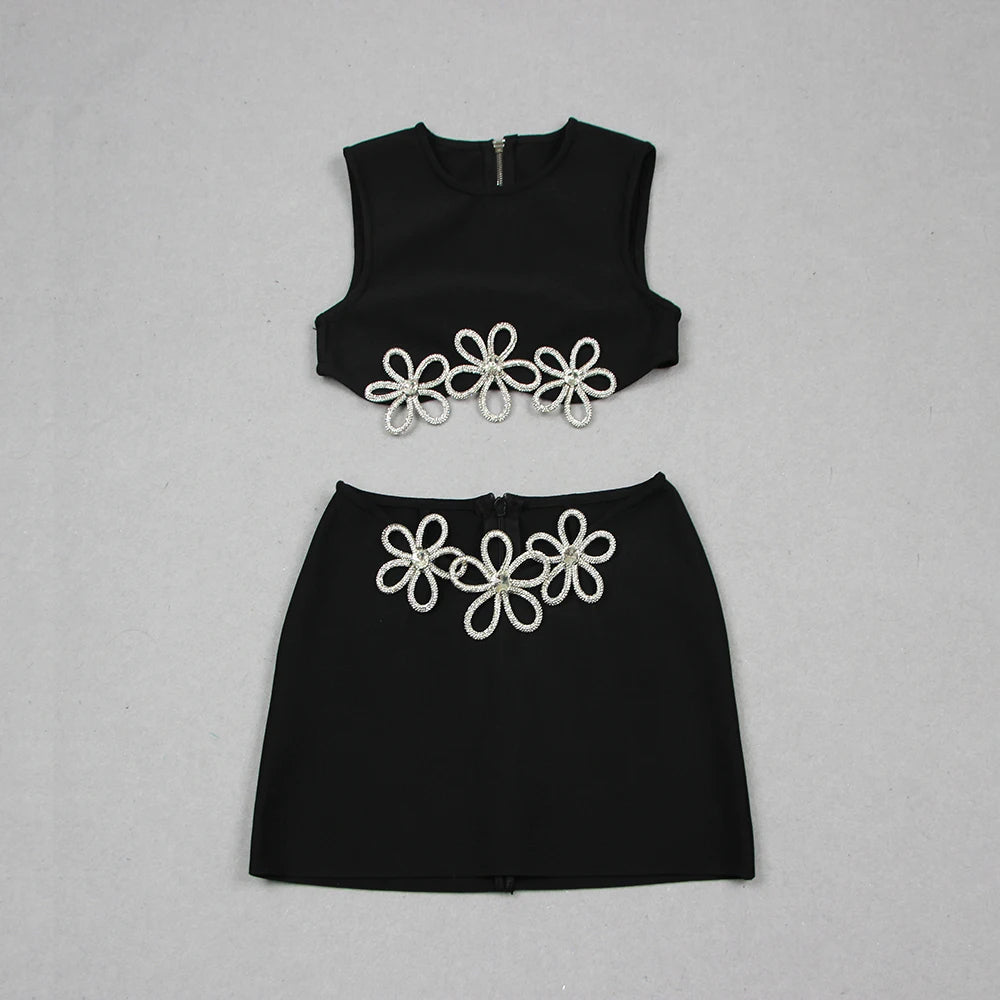 Crystal Flower Two Piece Dress Black HV9950