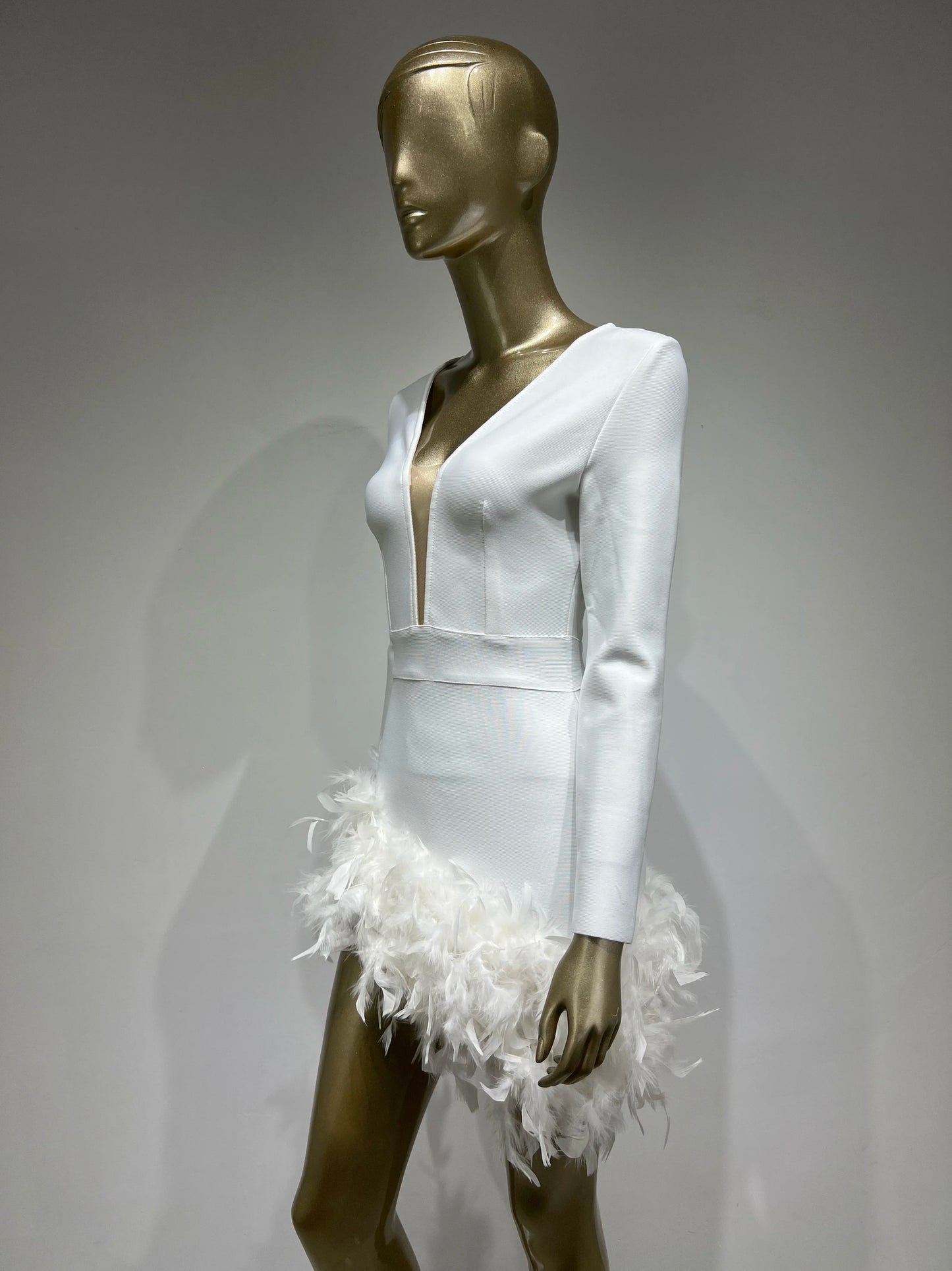 Long Sleeve Rhinestone Feather Dress HV9215