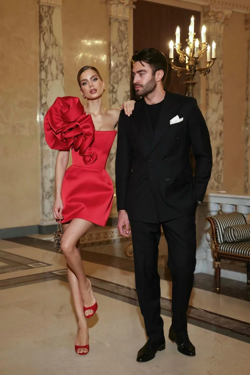 Puff One Shoulder A Line Dress Red