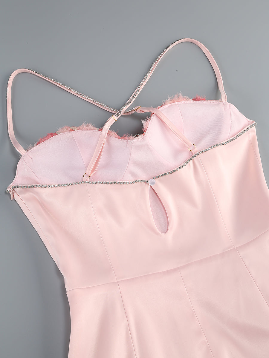 Crystal Floral Bustier A Line Dress Pink