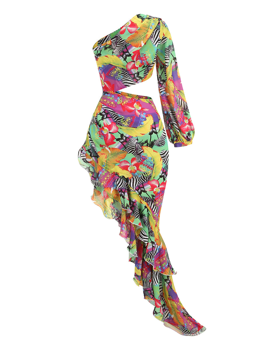 One Sleeve Floral Ruffle Maxi Dress Hot Pink Lime HV1389