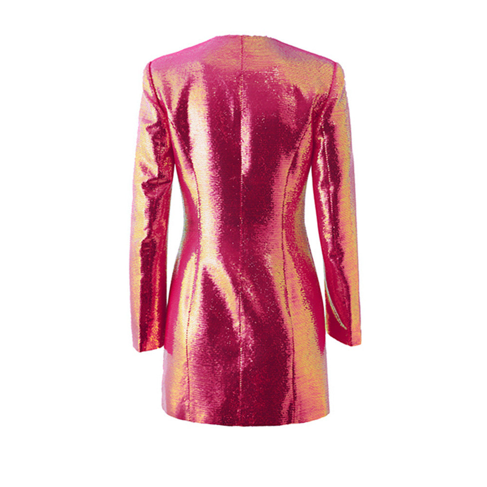 Long Sleeve Sequin Feather Blazer Dress